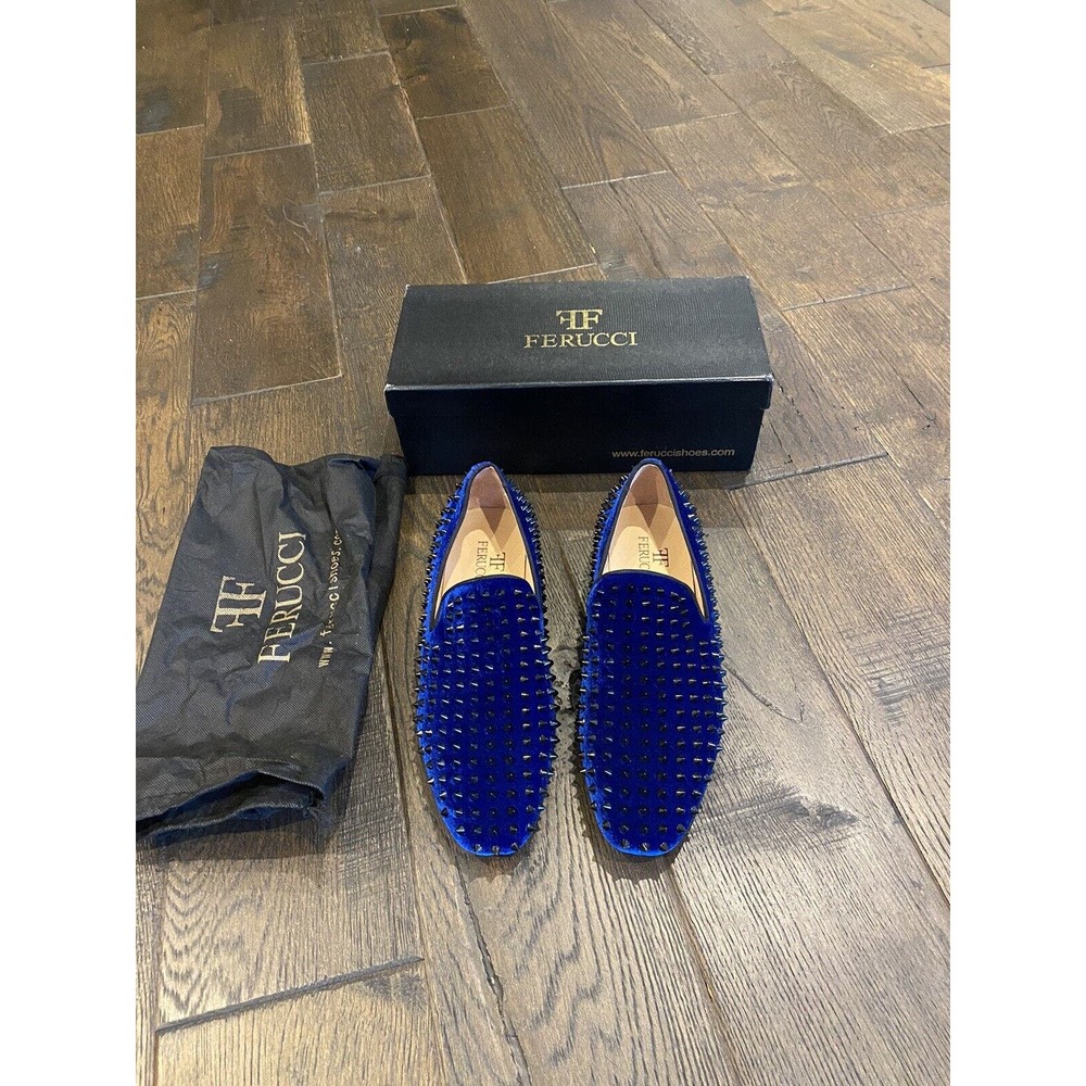 Men FERUCCI Blue Velvet Slippers Loafers Flat with Black Spikes size US 10 - Picture 10 of 11